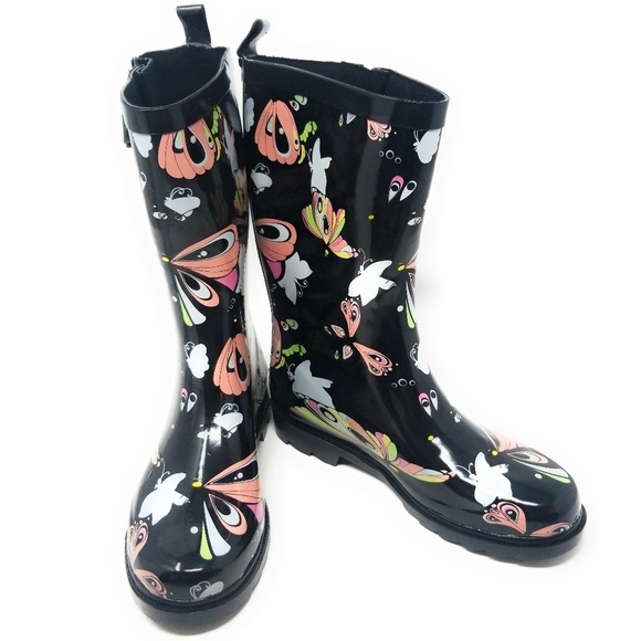 LAST PAIR! Cute Rubber Mid Calf Rain Boots, RB-3170 Butterfly - Picture 1 of 5